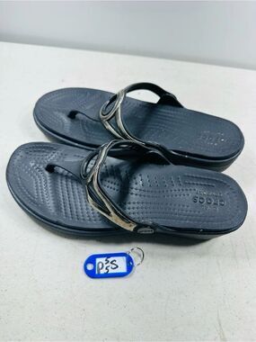 CROCS Black Sandals with Metallic Silver Trim size 7